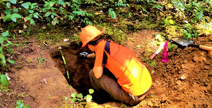 Researcher with back towards camera at edge of a rectangular soil pit, reaching down