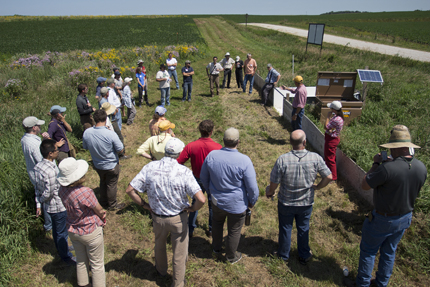 Un grupo de cultivadores se reúne alrededor de los bordes de un campo en un semicírculo informal. Detrás de ellos hay una colorida franja de pradera y un campo de maíz.