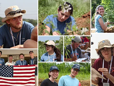 Team USA participants. Clockwise from top left: Holden Mrizek, India Williams, Callie Goodwin, Sinclair Anderson, Cole Chapman, Zie Goodman, Coach Paul Tietz, Coach Gordon Rees, Coach Joey Meinert, and Coach Damon LeMaster. Center left: Emma Quint. Center right: Jake Scheckel. Photos courtesy of Paul Tietz/Team USA Soil Judging.
