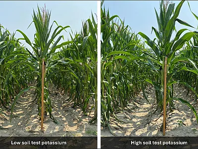 Representative corn plants grown under low (left) and high (right) soil-test potassium (K) conditions in a 41-year field trial on a Coastal Plain sandy loam soil in North Carolina. Despite contrasting long-term soil K management, plants exhibited similar overall growth, illustrating the limited visual response observed under conditions where K-bearing minerals continued to supply K. Photo courtesy of Dionata (John) Filippi, North Carolina State University. 