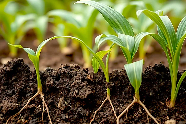 close up of corn seedlings with root